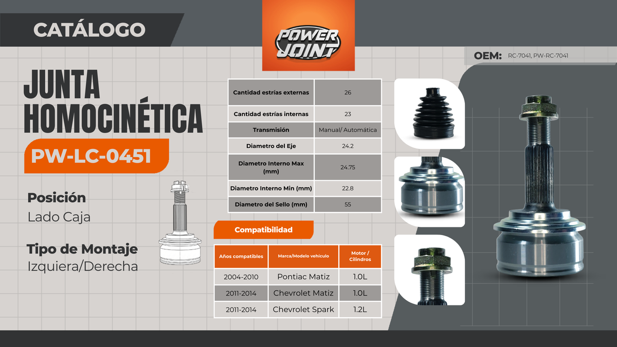Junta Homocinética PW-LC-0451 Power Joint para Chevrolet Matiz, Pontiac Matiz y Spark