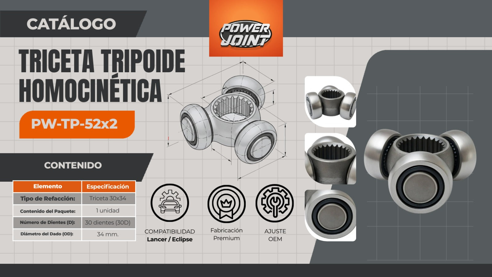 Triceta Tripoide Homocinética PW-TP-52x2: Ajuste OEM Premium para Mitsubishi Lancer y Eclipse