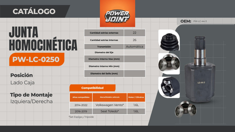 POWER JOINT PW-LC-0250: La junta homocinética ideal para Volkswagen Vento y SEAT Toledo