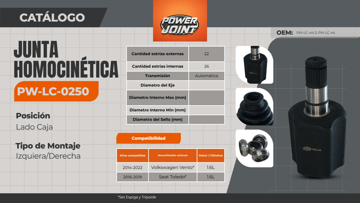 Junta homocinética PW-LC-0250: compatibilidad y características para Volkswagen Vento y Seat Toledo
